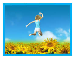 girl jumping over sunflowers